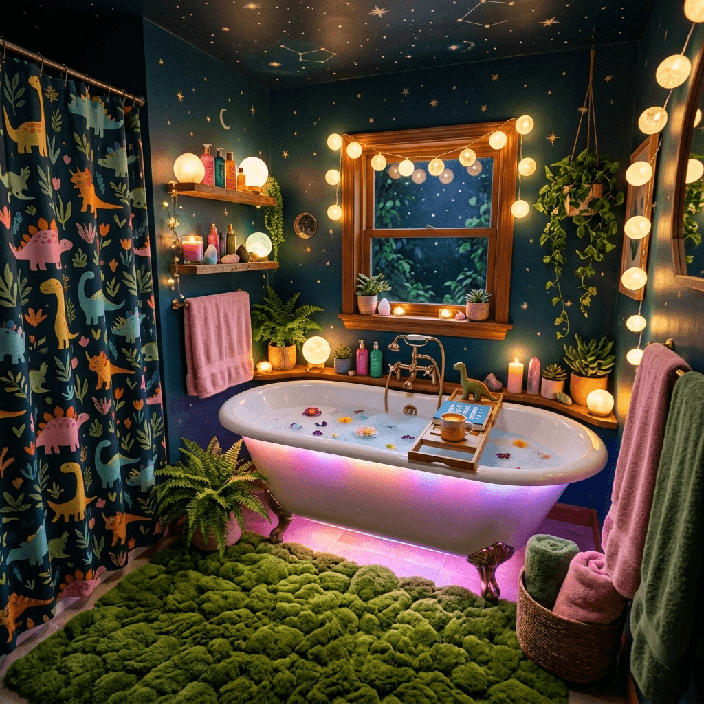 A magical, sensory-rich sanctuary bathroom with neon lights and cozy textures