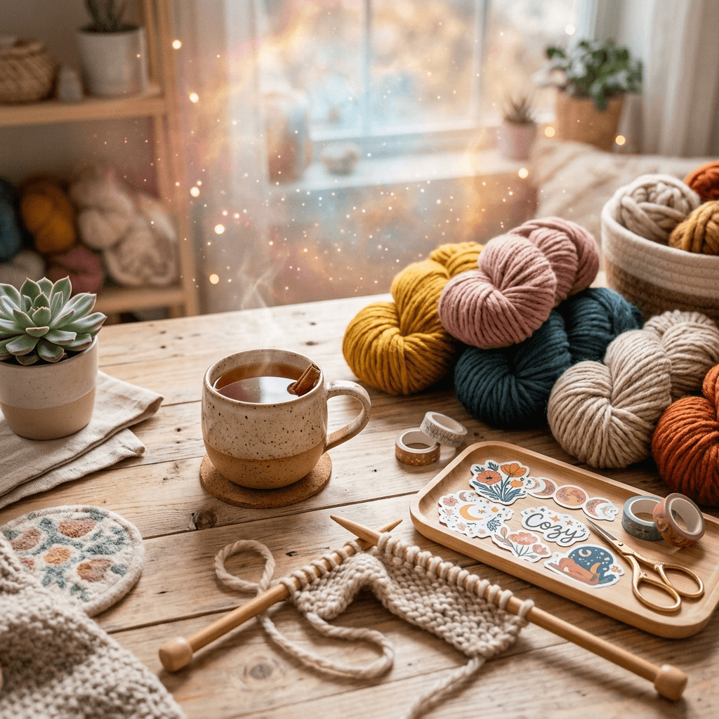 A soft-focus creative desk with yarn, tea, and cozy stickers