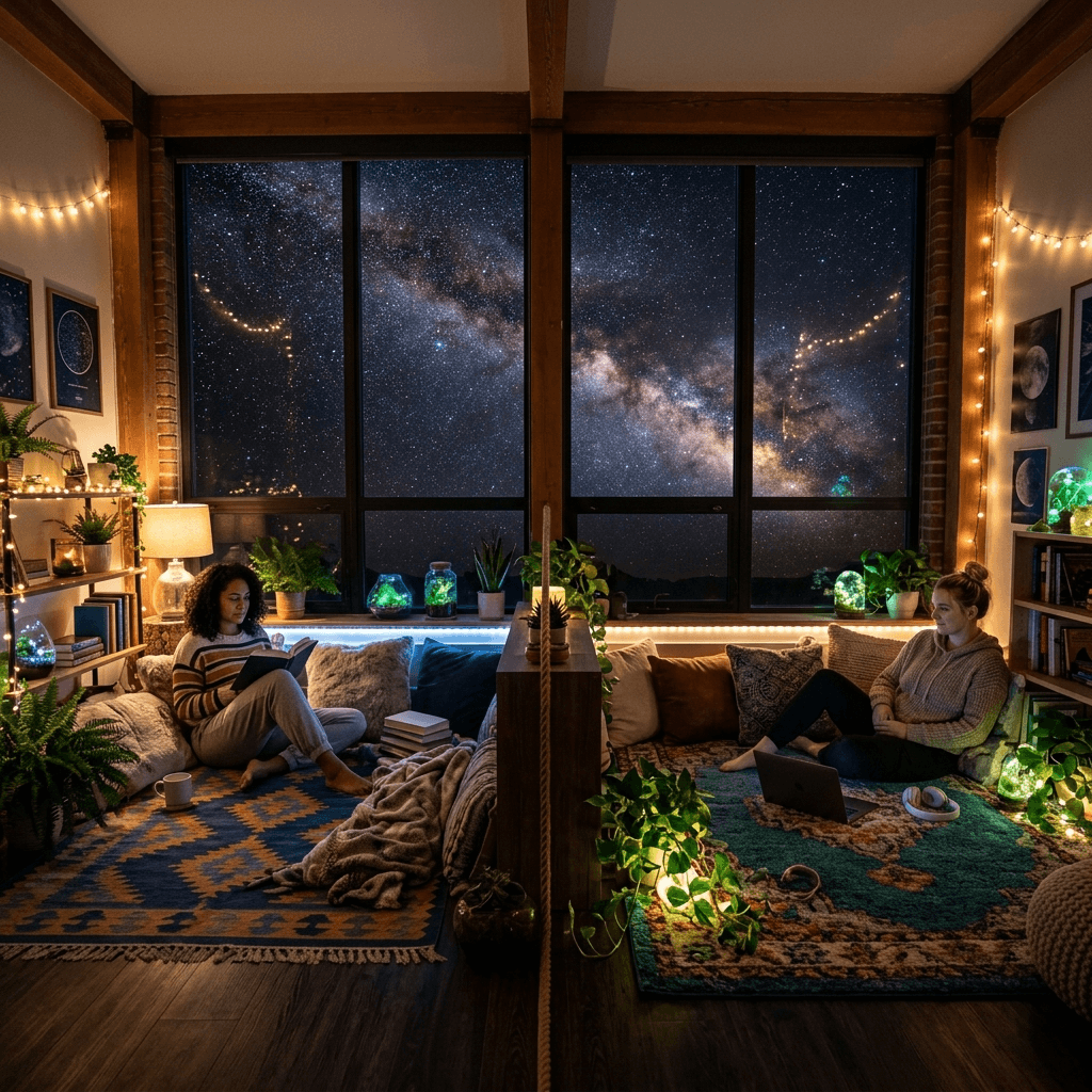 A cozy shared living room with distinct personal territories and soft glow lights