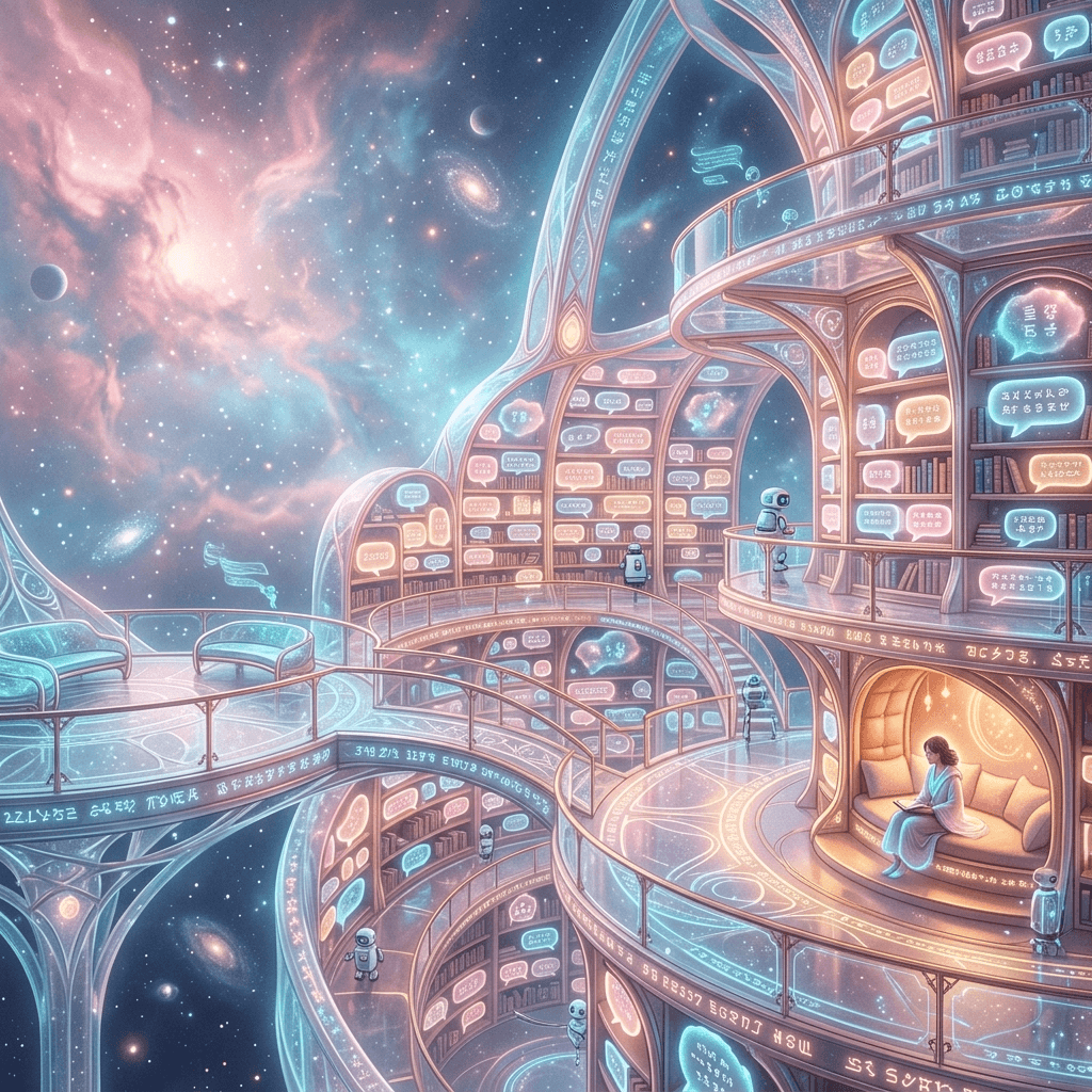 A magical library space with glowing speech bubbles and soft nebula colors