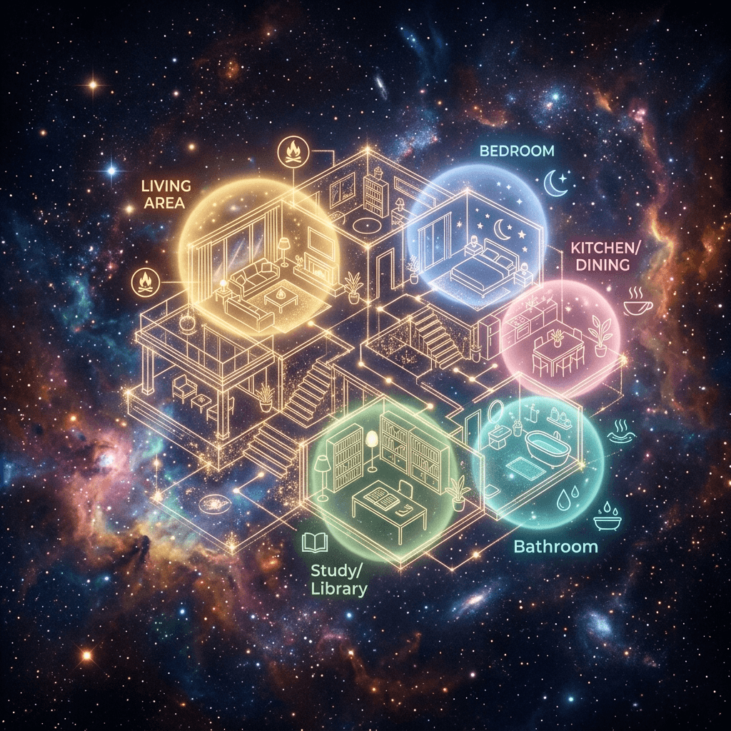 A clinical but cozy architectural blueprint of a sensory room with soft light highlights