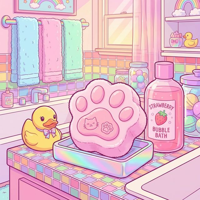 A cute paw-print shaped soap on a holographic dish in a candy-pink bathroom