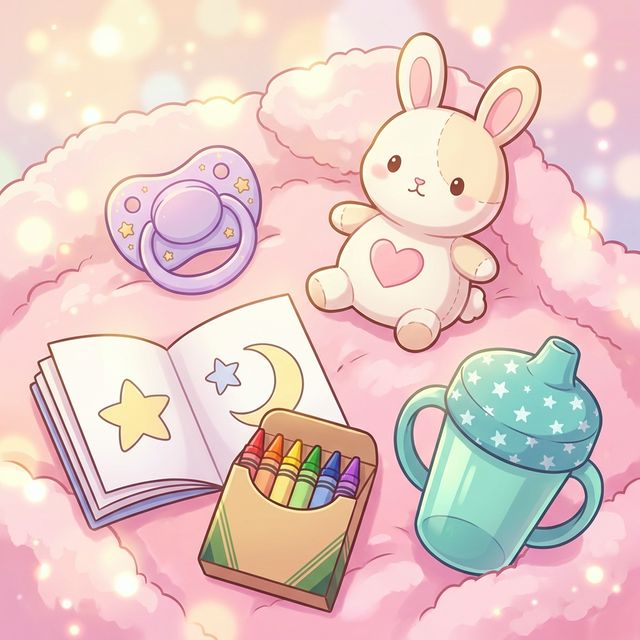A kawaii flat-lay of a littlespace starter kit: a purple pacifier, bunny plushie, coloring book, crayons, and a teal sippy cup